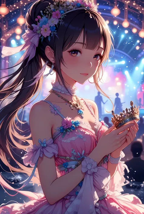 medium shot, a beautiful idol girl with long flowing hair in a sparkling frilly stage costume with ribbons and pleated skirt, standing backstage holding an ornate royal tiara gently in her hands, soft and thoughtful expression with a hint of melancholy, co...