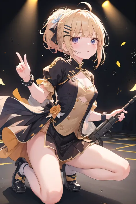 ((top quality)), ((masterpiece)), (Details), 1 girl。blunt bangs。braided ponytail。ahoge。short hair。Cute Hair Clip。(small breasts)。Stage。particles of light dance。holding a rifle。crouch with one knee on the ground。serious expression。idol costumes。ASSAULT RIFL...