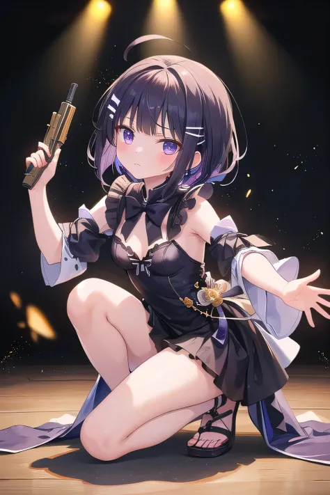 ((top quality)), ((masterpiece)), (Details), 1 girl。blunt bangs。braided ponytail。ahoge。short hair。Cute Hair Clip。(small breasts)。Stage。particles of light dance。Silhouette of Homura Akemi holding a gun。crouch with one knee on the ground。((open foot))。seriou...