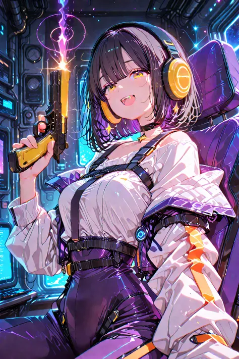 masterpiece, （（最High Quality））, （（High Quality））, （（pinched in the chest very beautiful））（（（（solo））））　（（（With 5 Anatomically Correct Fingers）））Anime　sf　girls　　dark haired　unkempt hair　Big Headphones Black　　　Smile Yang　Holding a Yellow Handgun with the domi...