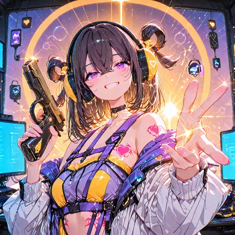 masterpiece, （（最High Quality））, （（High Quality））, （（pinched in the chest very beautiful））（（（（solo））））　（（（With 5 Anatomically Correct Fingers）））Anime　sf　girls　medium hair　single hair ring　dark haired　crossed bangs　unkempt hair　Big Headphones Black　　　Holding...