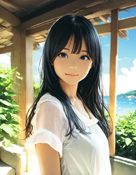 1girl, year 2016, upper body, summer, Karuizawa, blue sky, blouse, masterpiece, high score, great score, absurdres, 16k, Ultra detailed, (photorealistic : 0.5)