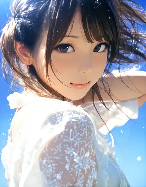 1girl, year 2016, upper body, summer, Karuizawa, blue sky, blouse, masterpiece, high score, great score, absurdres, 16k, Ultra detailed, (photorealistic : 0.5)