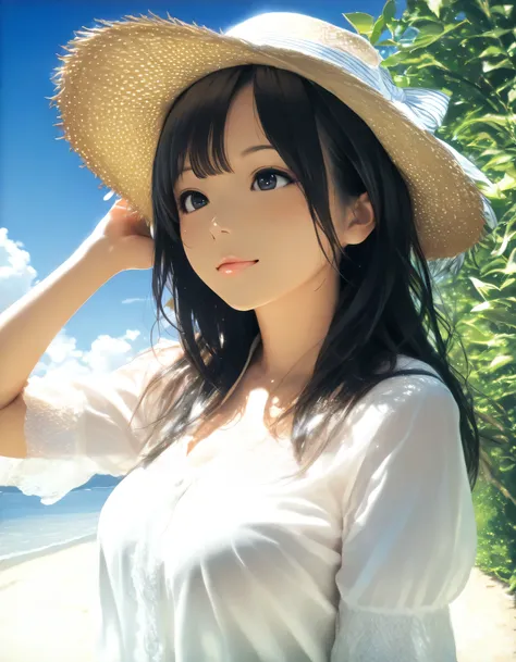 1girl, year 2016, upper body, summer, Karuizawa, blue sky, blouse, masterpiece, high score, great score, absurdres, 16k, Ultra detailed, (photorealistic : 0.5)