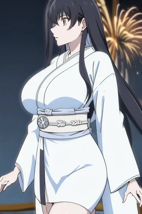 can you draw a woman in a blue kimono,Yellow obi string ,Women with Long Black Hair,Outdoors,I'm at the summer fireworks festival,Chicago,I'm watching fireworks,give top priority to expression, so don't trim your face,Please draw the details of the hands a...
