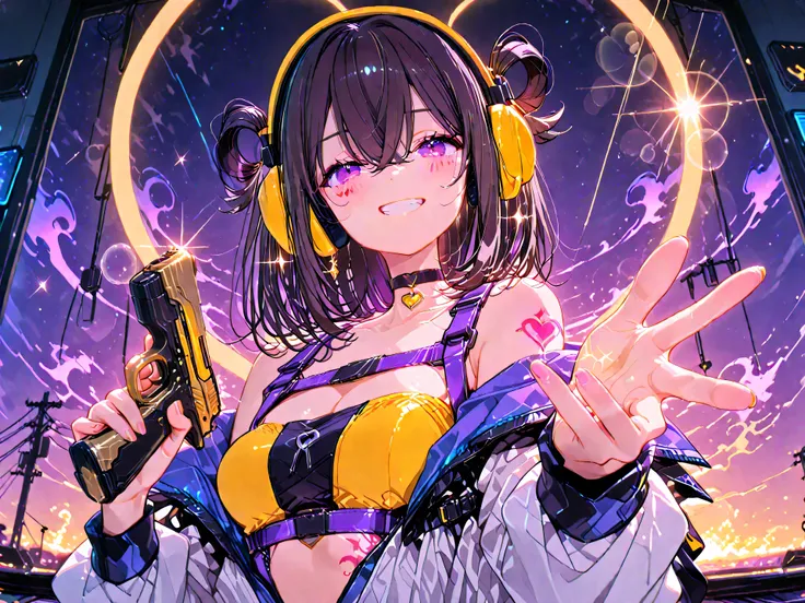 masterpiece, （（最High Quality））, （（High Quality））, （（pinched in the chest very beautiful））（（（（solo））））　（（（With 5 Anatomically Correct Fingers）））Anime　sf　girls　medium hair　single hair ring　dark haired　crossed bangs　unkempt hair　Big Headphones Black　　　Holding...
