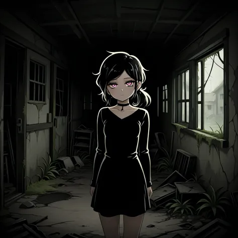 masterpiece, best quality, amazing quality, abandoned house, overgrown, 1girl, solo, Ashley, pink eyes, black hair, Dark, gothic aesthetic, Ponytail, straight hair, standing, looking at viewer,