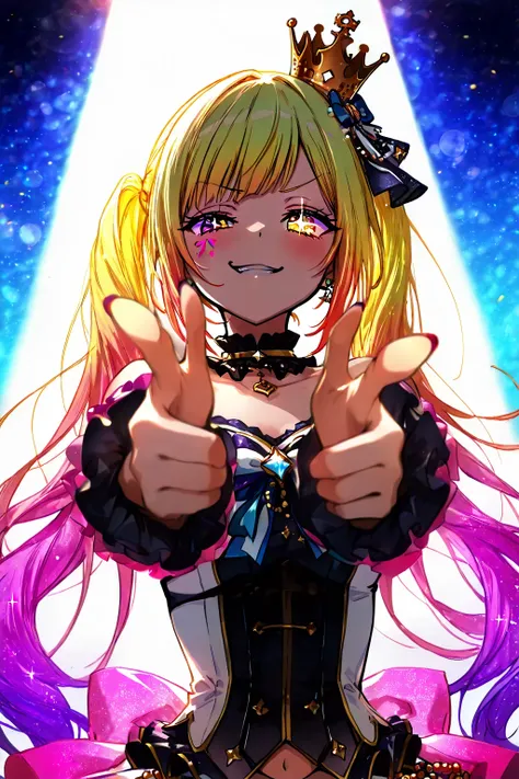 POV, low angle view, centered composition, upper body of young woman idol wearing glittering metallic idol costume, small crown on head, direct eye contact, looking directly at viewer,  staring directly at viewer, mischievous smirk with sparkling eye, fing...