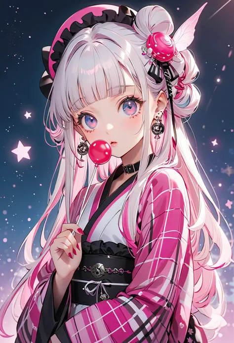 Front face facing the viewer、1girl,pretty face、Babyface、large eyes、Expressive、(((top quality、最高masterpiece、Super Detailed、High precision in selection、CG)))、(masterpiece,top quality),(((white and pink goth spunk、cute gothic kimono remake with a goth lolli a...