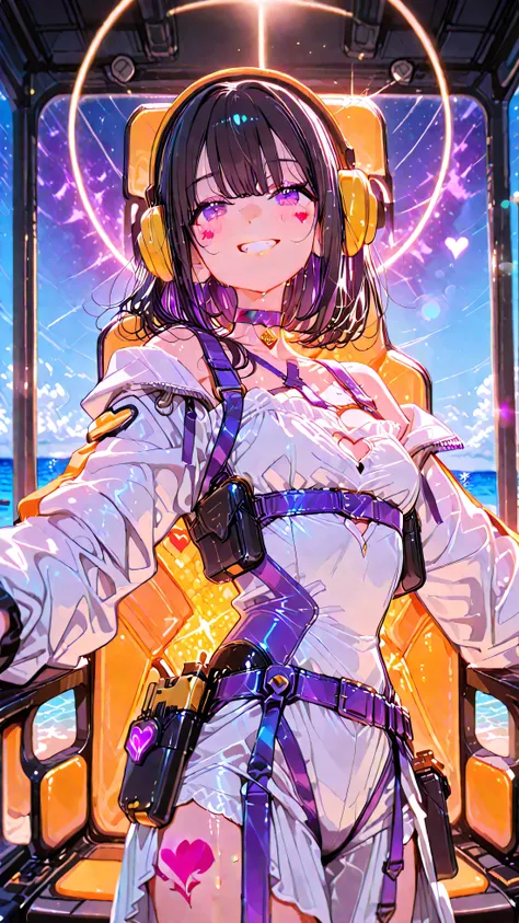 masterpiece, （（最High Quality））, （（High Quality））, （（very beautiful with pinched chest））（（（（solo））））　（（（very beautiful）））Anime　sf　girls　exquisite male genitals　　dark haired　CROSS BANG　tousled hair　big headphones black　　　holding a yellow handgun with dominan...