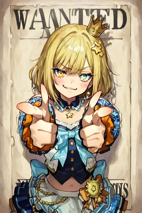 wanted, poster, body of young woman idol wearing idol costume, small crown on head, direct eye contact, looking directly at viewer,  staring directly at viewer, mischievous smirk with sparkling eye, finger gun pose, pointing at viewer, masterpiece, best qu...