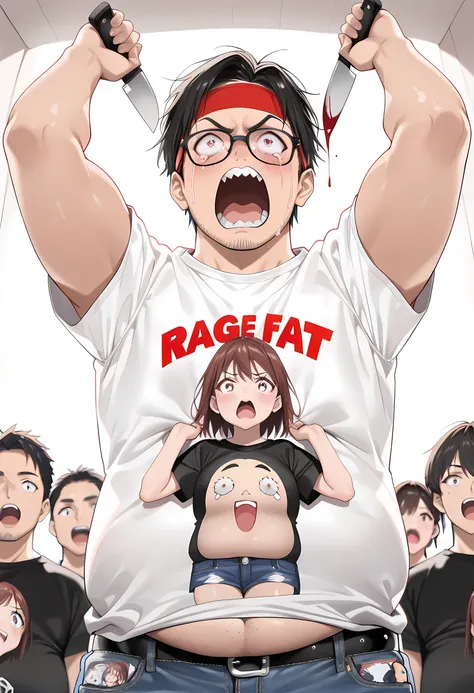 score_9, score_8_superior, score_7_superior, masterpiece, best quality, absurdres, high_fidelity, vibrant, sauce_anime, (rating_explicit:0.5), super detailed, middle-aged man (fat:1.5), Japanese otaku, Stubble, Bloodshot eyes, Tears of Blood, black rimmed ...