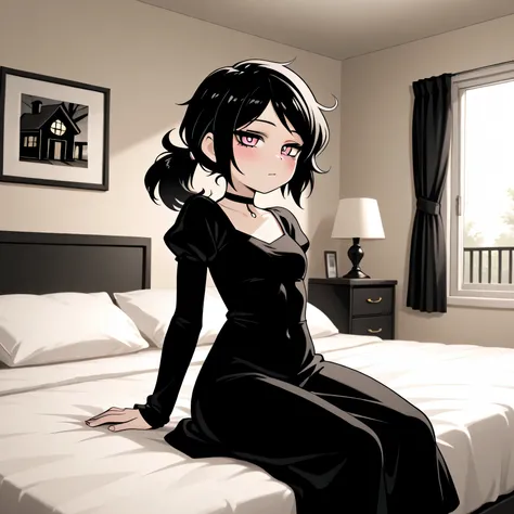 masterpiece, best quality, amazing quality, in house, on bed, 1girl, solo, Ashley, pink eyes, black hair, gothic aesthetic, Ponytail, straight hair, sitting, looking at viewer,