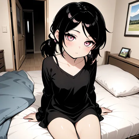 masterpiece, best quality, amazing quality, in house, on bed, 1girl, solo, Ashley, pink eyes, black hair, Ponytail, straight hair, sitting, looking at viewer,