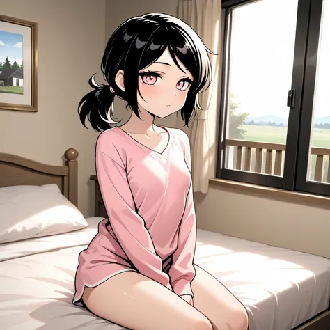 masterpiece, best quality, amazing quality, in house, on bed, 1girl, solo, Ashley, pink eyes, black hair, Ponytail, straight hair, sitting, looking at viewer,