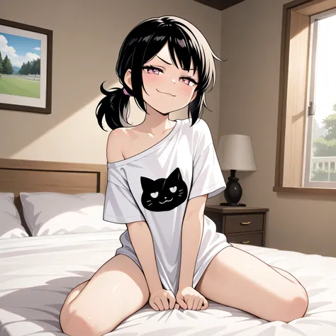 masterpiece, best quality, amazing quality, in house, on bed, 1girl, solo, Ashley, pink eyes, black hair, Ponytail, straight hair, sitting, looking at viewer, smug, taking shirt off,