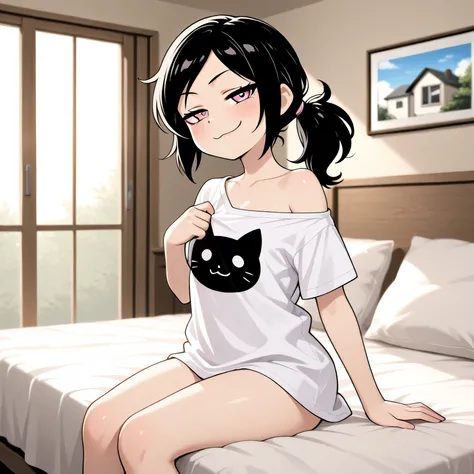 masterpiece, best quality, amazing quality, in house, on bed, 1girl, solo, Ashley, pink eyes, black hair, Ponytail, straight hair, sitting, looking at viewer, smug, taking shirt off,