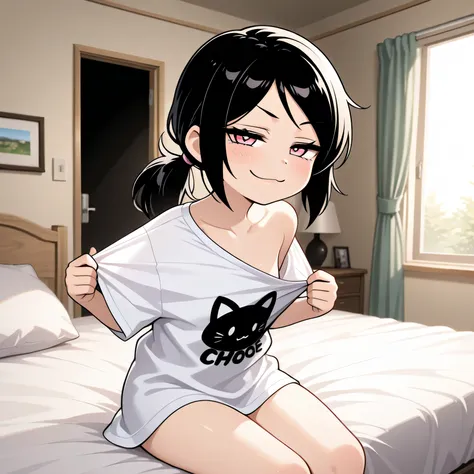masterpiece, best quality, amazing quality, in house, on bed, 1girl, solo, Ashley, pink eyes, black hair, Ponytail, straight hair, sitting, looking at viewer, smug, taking shirt off,