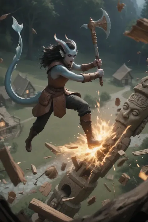 Close-up view from above of Kedra A girl with dark blue-gray skin and fins on her head and horns on her head and a long thick dragon tail in red-brown leather armor in black medieval pants in medieval boots, jumping with a huge ax, cuts an ancient wooden s...