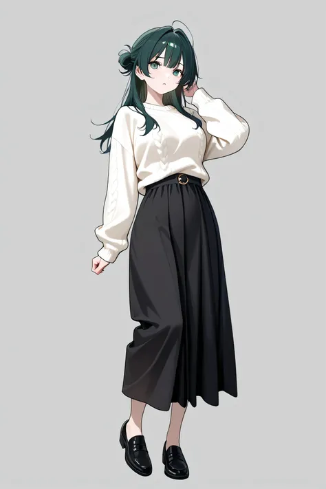 1 girl、standing、No expression、dark green hair、pale green eyes、white sweater、Black Long Skirt、Full Body