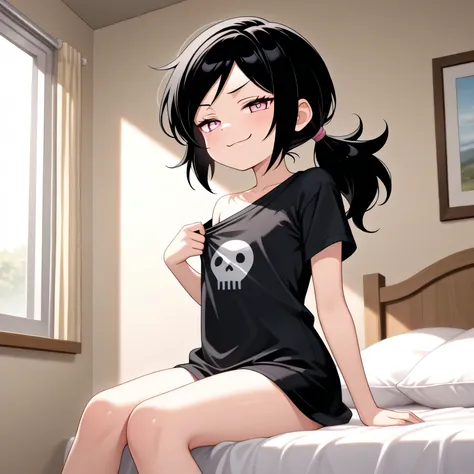 masterpiece, best quality, amazing quality, in house, on bed, 1girl, solo, Ashley, pink eyes, black hair, Ponytail, straight hair, sitting, black shirt, looking at viewer, smug, taking shirt off,