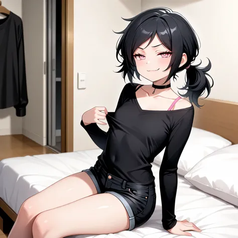 masterpiece, best quality, amazing quality, in house, on bed, 1girl, solo, black hair, ponytail, pink eyes black shirt, long sleeves, bra strap, black shorts, denim shorts, short shorts, black choker, collarbone, looking at viewer, sitting, smug, taking sh...