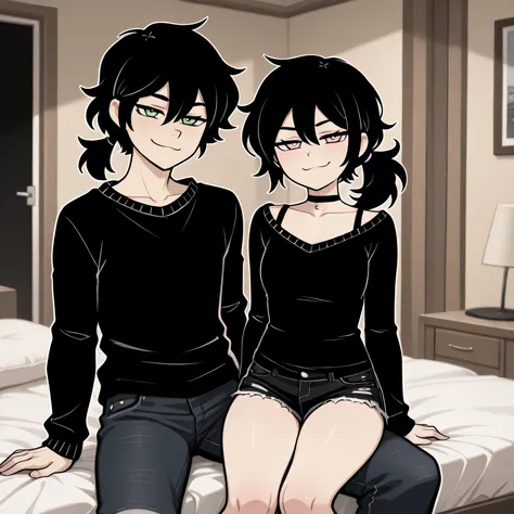 masterpiece, best quality, amazing quality, in house, on bed, 1girl, 1boy, couple, BREAK, black hair, ponytail, pink eyes black shirt, long sleeves, bra strap, black shorts, denim shorts, short shorts, black choker, collarbone, looking at viewer, sitting, ...