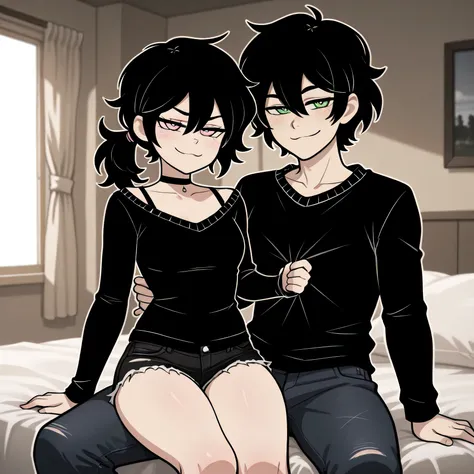 masterpiece, best quality, amazing quality, in house, on bed, 1girl, 1boy, couple, BREAK, black hair, ponytail, pink eyes black shirt, long sleeves, bra strap, black shorts, denim shorts, short shorts, black choker, collarbone, looking at viewer, sitting, ...