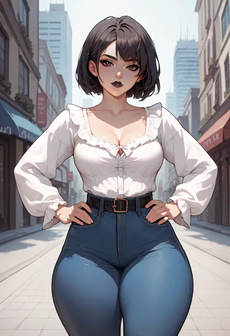Perfect Face, Perfect Body, Black+White Hair, Short Hair, Black Thin Eyebrows, Dark Brown Eyes, Nose, Black Lips, Beautiful Face, Collarbone, Cleavage, (Medium Breasts, Perfect Breasts), (White Blouse, Sleeves Blouse), Standing, (Thick Thighs:1.3), Belt, B...
