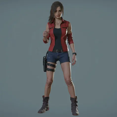 Modelo de Claire Redfield com cabelo de rabo de cavalo, light blue eyes, red sleeveless denim jacket and black shirt underneath, black Lycra shorts, bota marrom de cowboy. (Resident Evil 2 Remake) Capcom style. full body.