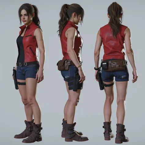 Modelo de Claire Redfield com cabelo de rabo de cavalo, light blue eyes, red sleeveless denim jacket and black shirt underneath, black Lycra shorts, bota marrom de cowboy. (Resident Evil 2 Remake) Capcom style. full body.