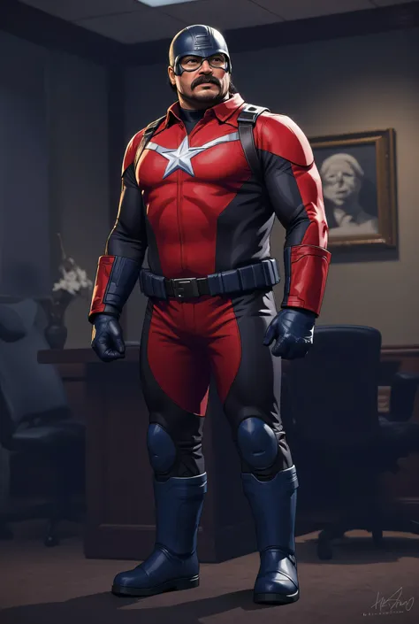 Nick Offerman as Red Guardian, cowboy shot, semi realistic, digital illustration, heroic male super-soldier, bold red and black spandex costume, prominent white star emblem on chest, metallic blue gauntlets and boots, black utility belt, dark helmet with a...