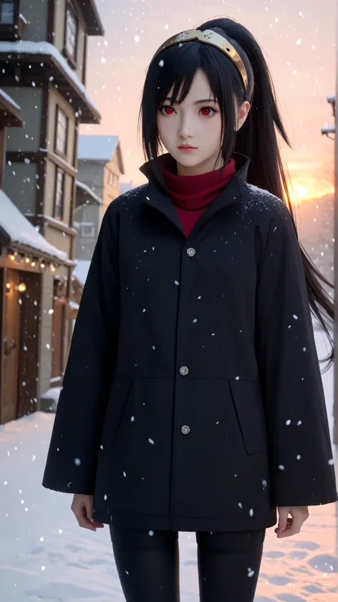 1girl, solo,hikari uchiha,black hair,long hair,outdoors,potrait,black coat,small breast,black eyes,snowfall,bronze hairband,sunrise,red eyes,bike shorts,winter background,(ponytail:1.5),long bangs