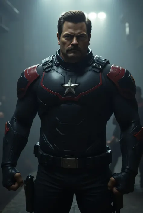 Nick Offerman as Red Guardian, hyper-realistic cinematic character portrait, muscular male, super-soldier, black tactical armored suit with red accents, stylized star emblem on the chest, stands, foggy high-contrast environment, dramatic lighting, dark moo...