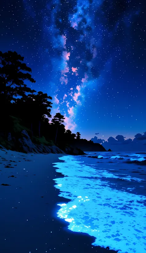 high resolution,high quality, Crystal clear The image portrays a dreamy, otherworldly night scene along a tranquil beach illuminated by glowing blue bioluminescent waves. A star-filled sky with a brilliant blue nebula stretches across the top, casting a my...