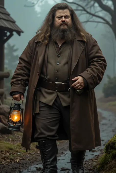 Nick Offerman as Rubeus Hagrid, detailed cinematic fantasy portrait, massive towering figure, thick wild beard, long unkempt hair, heavy brown leather coat over a rustic vest, oversized boots, carries a lantern, kind yet stoic expression, warmth with rugge...