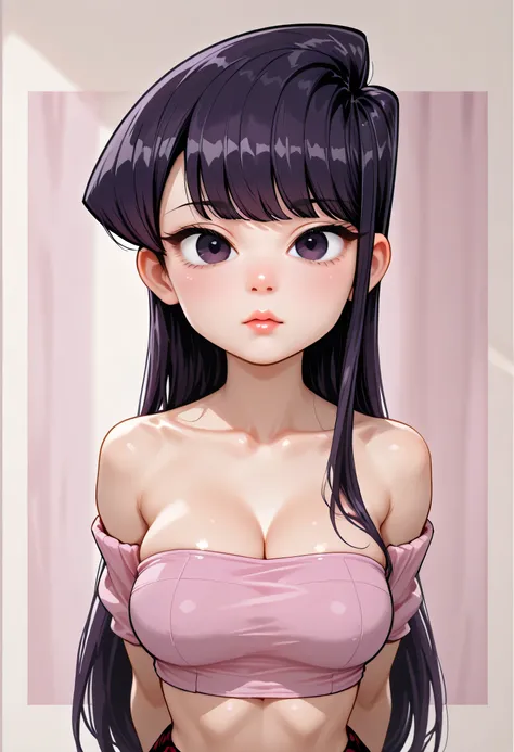 (perfect face, perfect body), purple hair, very long bangs hair, purple thin eyebrows, purple eyes, nose, lips, collarbone, cleavage, (medium breasts, perfect breasts), (off shoulder tube top, pink off shoulder tube top), arms behind back, looking at viewe...