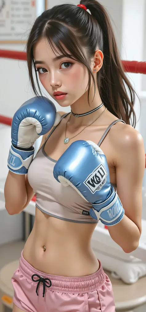 Ultra Fine､ultra high resolution､Aoyama Chao （brown eyes、  she has brown hair   、Folded Ponytail、she is wearing a hair ornament､white tank top､pink boxing shorts､blue boxing gloves in her hands），fighting pose､ring