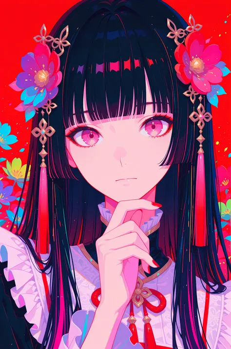 woman, solo, red nails, looking at viewer, bangs, pink eyes, long hair, black hair, hair ornament, hand up, flower, blunt bangs, closed mouth, tassel, ribbon, portrait, colorful, red background, frills, multicolored hair, upper body,