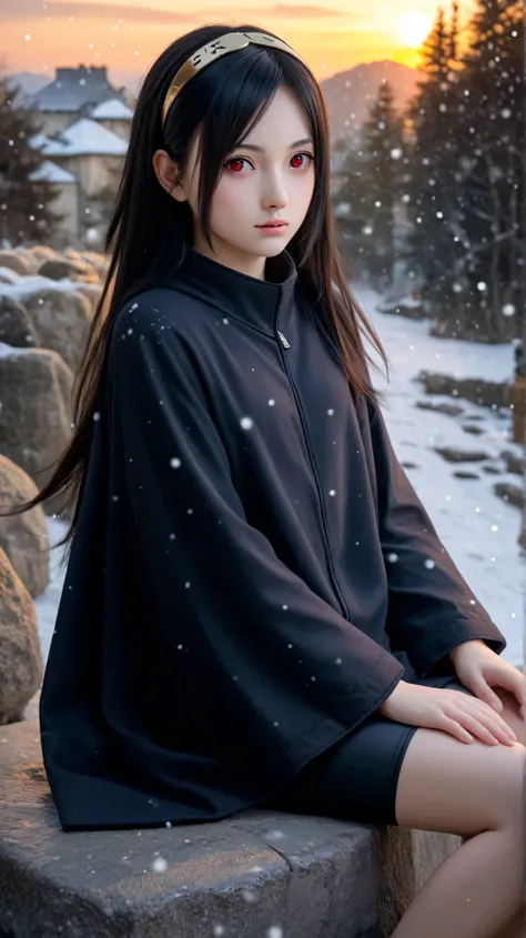 1girl, solo,hikari uchiha,black hair,long hair,outdoors,potrait,black cloak,small breast,black eyes,snowfall,bronze hairband,sunrise,red eyes,bike shorts,winter background,(sitting on stone:1.5),(close up:1.3)