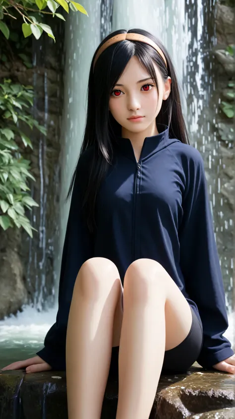 1girl, solo,hikari uchiha,black hair,long hair,outdoors,potrait,black cloak,small breast,black eyes,forest,bronze hairband,sunrise,red eyes,bike shorts,waterfall background,(sitting under waterfall:1.5),(close up:1.3),(front view), looking at viewer