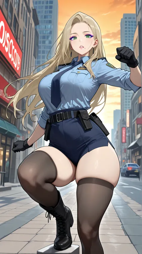 score_9, score_8_up, score_7_up, 1lady, KJOsayo, perfect eyes, perfect face, long hair, blonde hair, green eyes, mole under mouth, purple eyeliner, large breasts, perfect attractive curvy slim body, charming beauty, gorgeous body shapes, big hips, thick th...