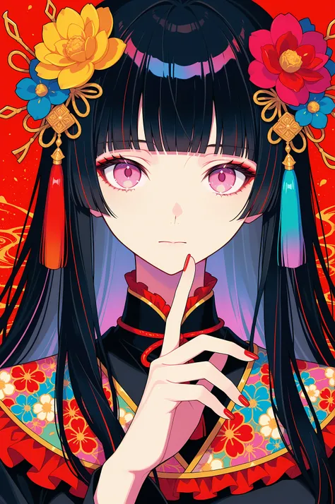 
woman, solo, red nails, looking at viewer, bangs, pink eyes, long hair, black hair, hair ornament, hand up, flower, blunt bangs, closed mouth, tassel, ribbon, portrait, colorful, red background, frills, multicolored hair, upper body,