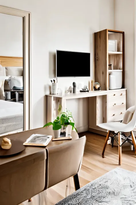 This is a cute and stylish room for a young woman with white on the front and a sense of life。This is an image that looks like it was taken with a smartphone camera。The angle of view is narrow。place coffee on the desk。Cluttered room、natural posture、Avoid d...