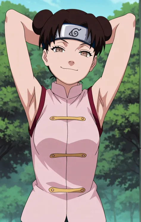 masterpiece, best quality, amazing quality, anime screencap, anime coloring, 1girl, solo, ytenten, brown eyes, brown hair, short hair, double bun, small breasts, forehead protector, konohagakure symbol, bare shoulders, sleeveless shirt, arms behind head, a...