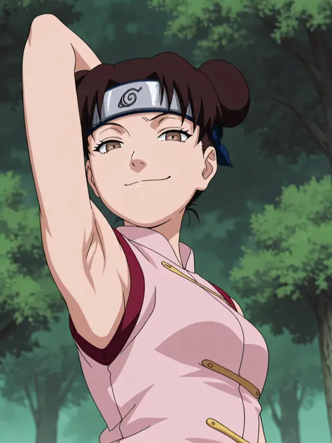 masterpiece, best quality, amazing quality, anime screencap, anime coloring, 1girl, solo, ytenten, brown eyes, brown hair, short hair, double bun, small breasts, forehead protector, konohagakure symbol, bare shoulders, sleeveless shirt, arm behind head, ar...