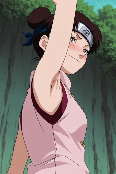 masterpiece, best quality, amazing quality, anime screencap, anime coloring, 1girl, solo, ytenten, brown eyes, brown hair, short hair, double bun, small breasts, forehead protector, konohagakure symbol, bare shoulders, sleeveless shirt, arm up, raised arm,...