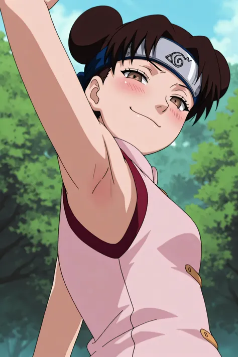 masterpiece, best quality, amazing quality, anime screencap, anime coloring, 1girl, solo, ytenten, brown eyes, brown hair, short hair, double bun, small breasts, forehead protector, konohagakure symbol, bare shoulders, sleeveless shirt, arm up, raised arm,...