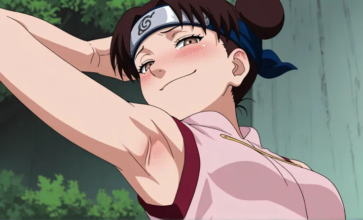 masterpiece, best quality, amazing quality, anime screencap, anime coloring, 1girl, solo, ytenten, brown eyes, brown hair, short hair, double bun, small breasts, forehead protector, konohagakure symbol, bare shoulders, sleeveless shirt, arm up, raised arm,...