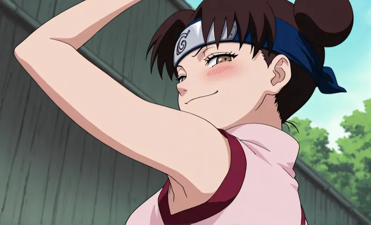 masterpiece, best quality, amazing quality, anime screencap, anime coloring, 1girl, solo, ytenten, brown eyes, brown hair, short hair, double bun, small breasts, forehead protector, konohagakure symbol, bare shoulders, sleeveless shirt, arm up, raised arm,...